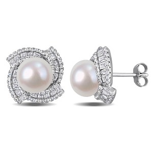 EVERLY JEWELRY | Sterling Silver 9 - 9.5 MM Cultured Freshwater Pearl and Cubic Zirconia Geometric Stud Earrings– Multiple Pearl color Options - 1 of 4