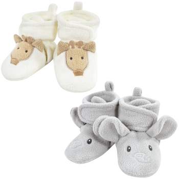 Hudson Baby Unisex Baby Animal Fleece Booties 2-Pack, Gray Elephant Giraffe