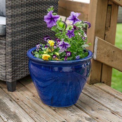 Imperial Blue 18-Inch Ceramic Outdoor Planter with Glazed Finish