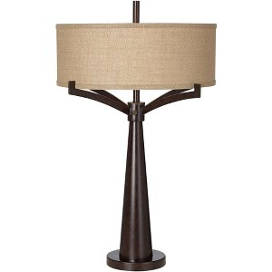 Franklin Iron Works Tremont Industrial Table Lamp 31 1/2" Tall Bronze Metal Burlap Fabric Drum Shade for Bedroom Living Room Bedside Nightstand Office - 1 of 4
