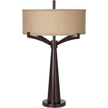 Franklin Iron Works Tremont Industrial Table Lamp 31 1/2" Tall Bronze Metal Burlap Fabric Drum Shade for Bedroom Living Room Bedside Nightstand Office