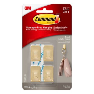 Command Small Sized Metallic Decorative Hooks Brass: Gold Wall Hooks, 0.5 lb Capacity, 4 Pack - 1 of 4