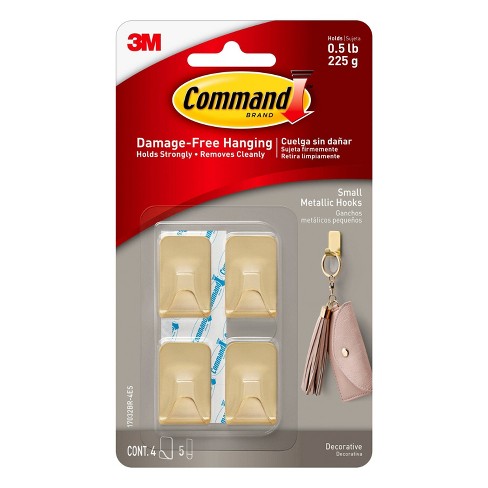 Command Small Sized Metallic Decorative Hooks Brass: Gold Wall Hooks, 0.5 lb Capacity, 4 Pack - image 1 of 4