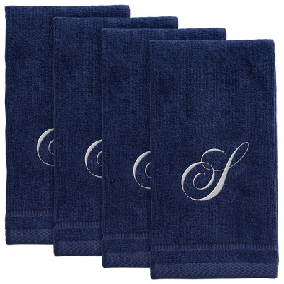 Creative Scents Navy Blue Fingertip Monogrammed Towels White Embroidered