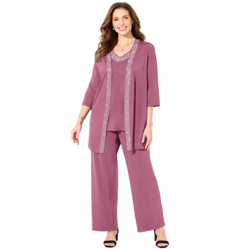 Catherines Women's Plus Size Petite Beaded 3-Piece Cardigan Pant Set - image 1 of 4