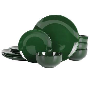 Simply Essential Coupe 12 Piece Round Stoneware Dinnerware Set in Hunter Green