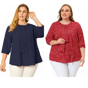 Women's Plus Size 2 Pieces 3/4 Sleeves Round Neck Ruffle Chiffon Work Blouse - Agnes Orinda - 1 of 4