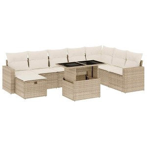 vidaXL 9 Piece Patio Sofa Set with Cushions Beige Poly Rattan - Beige and Cream Without Storage - 1 of 4