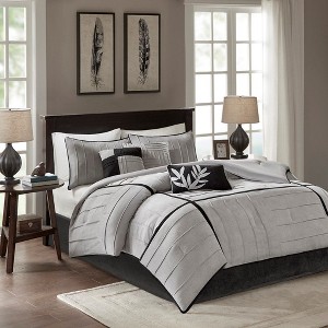 Sapphtopaz Comforter Set Faux Suede Bedding Quilt Sets Solid Color Pieced Design and Striped Pleats with Throw Pillows 7 Piece - 1 of 4