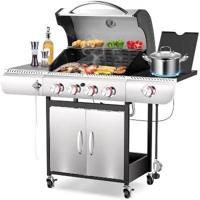 ZAFRO 4 Burner BBQ Propane Gas Grill, 42,000 BTU Stainless steel Gas Grill with Two Side Storage Shelves,Barbecue Gas Grill for  Backyard Cooking