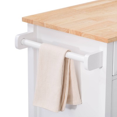 White Pinewood Kitchen Cart with Storage and Wheels