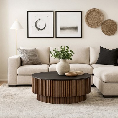 Royal Hampton Coffee Table | 34" Round Black Top | Brown Mango Wood Fluted Plinth Base