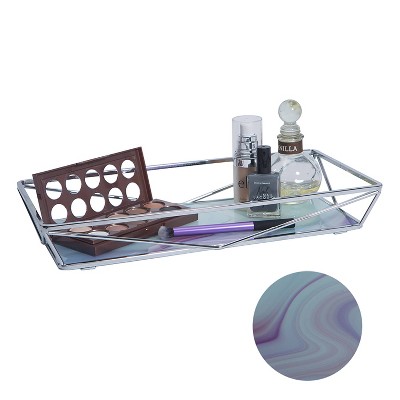 Elegant Metallic Chrome Geometric Vanity Tray with Tempered Glass Agate Design