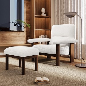 Modern Accent Chair with Ottoman, Mid Century Lounge Chair, Comfy Fabric Armchair with Solid Wood Frame for Living Room, White - ModernLuxe - 1 of 4