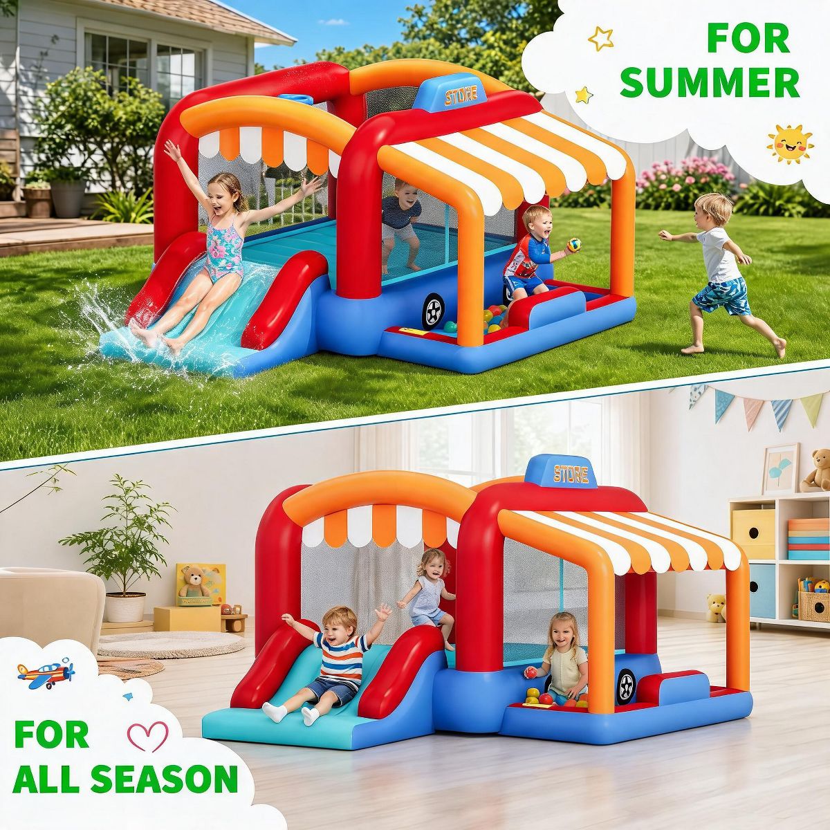 Kids Inflatable Bounce House with Slide, Bounce Area, Ball Pit, Basketball Hoop, Ball Shooting for Christmas Birthday Parties - thumbnail 3