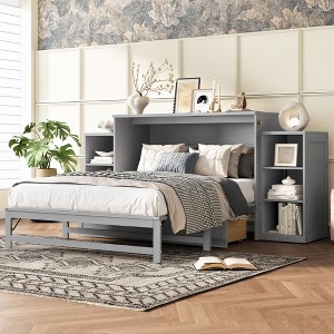 KWPZQEB Murphy Bed, Farmhouse Murphy Cabinet w/ 2 Drawers & Open Shelves, Wooden Cabinet Bed, Hideaway Foldable Platform Bed for Guest Room - 1 of 4