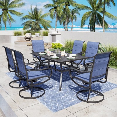 Captiva Designs 7pc Black Outdoor Dining Steel Table & Padded Textilene Swivel Chairs