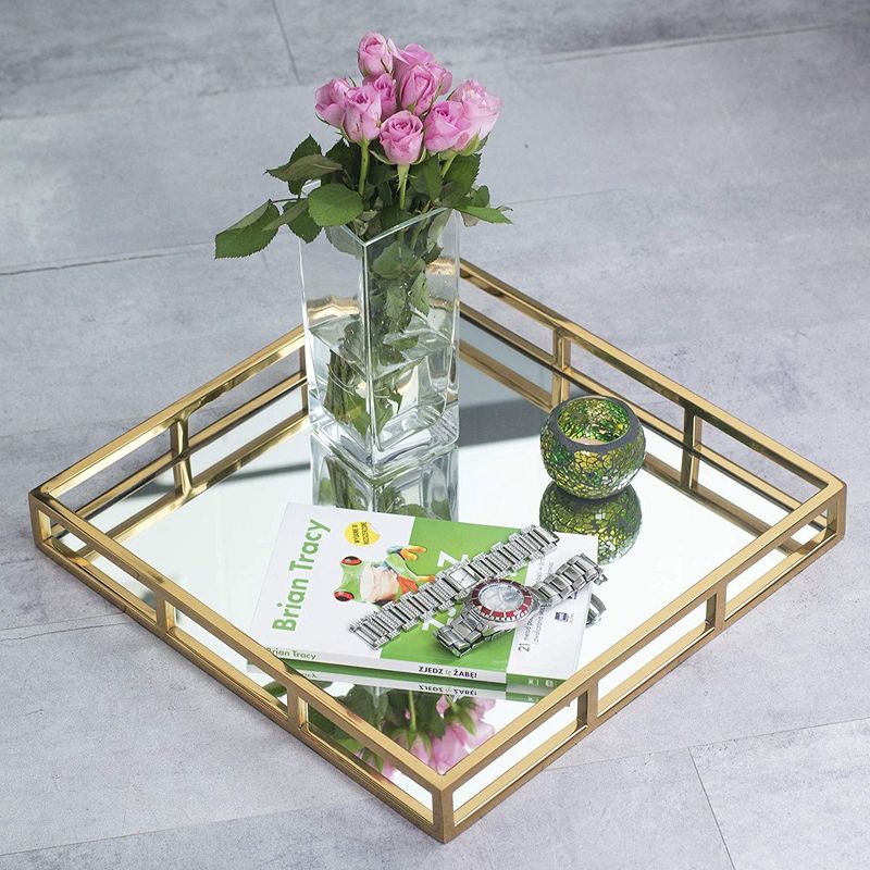 Classic Touch Gold-Tone Square Mirror Tray- Gold , 3 of 4