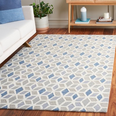 Ivory and Blue Geometric Hand-Tufted Wool Rug, 6' x 9'