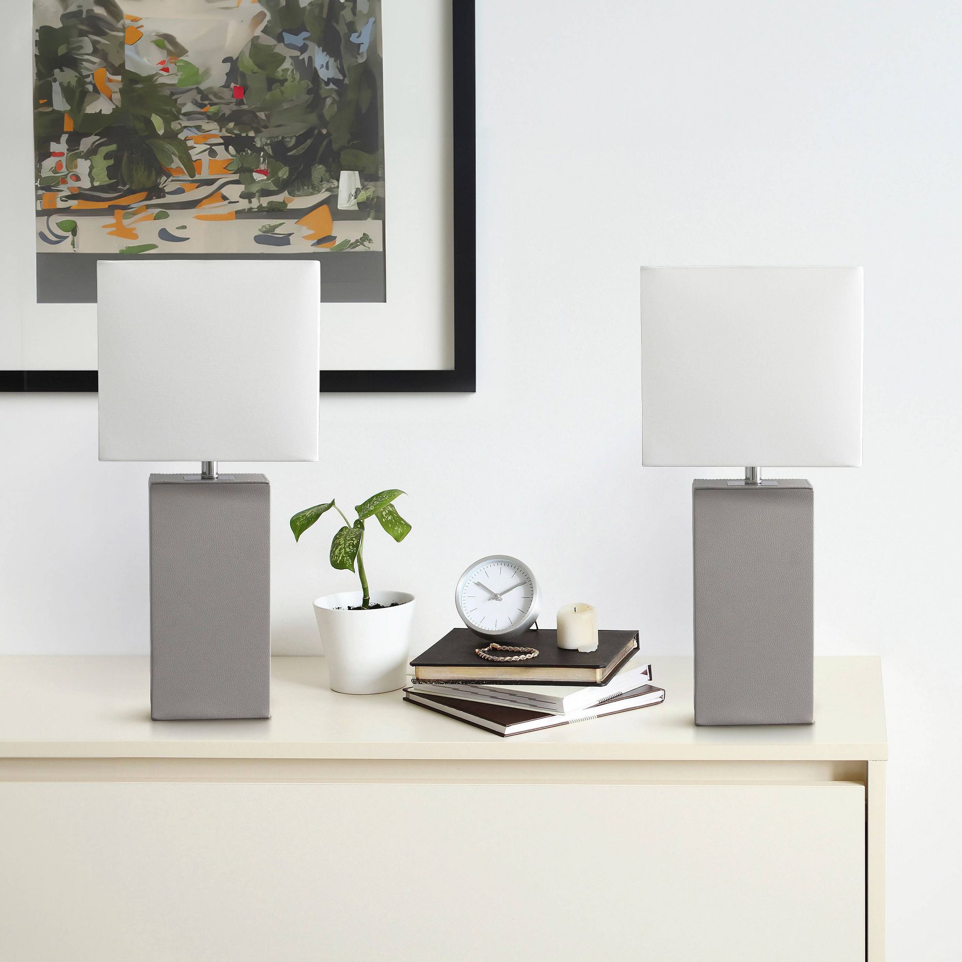 Lalia Home Lexington (Set of 2) 21" Leather Table Lamps Gray with White Fabric Shade
