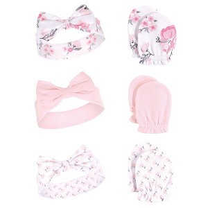 Hudson Baby Infant Girl Cotton Headband and Scratch Mitten 6pc Set, Pink Floral, 0-6 Months - 1 of 2