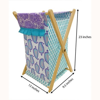 Paisley Aqua and Purple Collapsible Kids Laundry Hamper with Wooden Frame