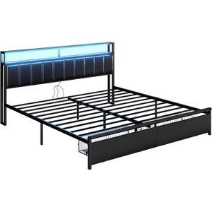 AMERLIFE LED Bed Frame with Drawers, 2-Tier Storage and Charging Station - 1 of 4