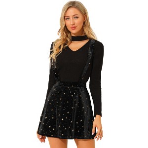 Allegra K Women's Velvet Star Printed Adjustable Strap High Waist Suspender Skirt - 1 of 4