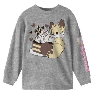 Tasty Peach Kekitsu Eating Sweets Crew Neck Long Sleeve Athletic Heather Youth Tee - 1 of 3