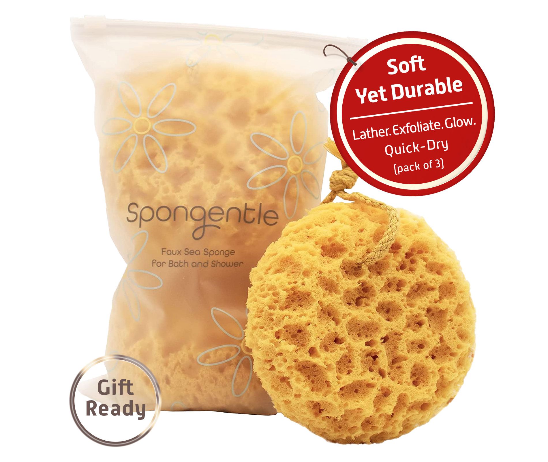 Spongentle Body Loofah Sponge (3-Pack) for Bath & Shower. Multiple Textures, Natural Colors, Gentle & Deep Exfoliation, Rich Lather
