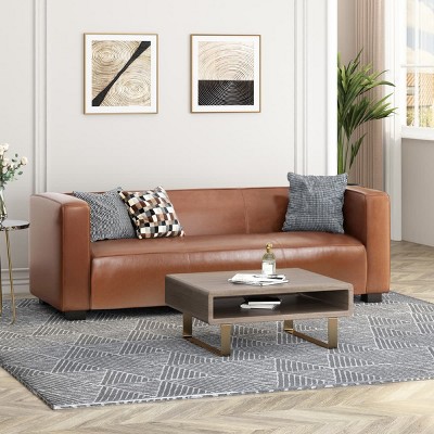 Elegant Light Brown Upholstered 3-Seat Sofa with Tuxedo Design, Birch Wood Legs and Modern Block Silhouette for Living Room-Maison Boucle