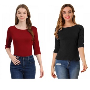 Allegra K Women's Classic Solid Elbow Sleeves Round Neck Slim Fit T-Shirts 2 Packs - 1 of 4