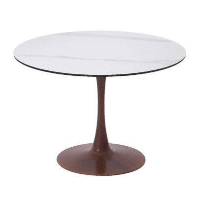 LeisureMod Bristol 31" Round Dining Table with Sintered Stone Top and Walnut Steel Pedestal Base for Modern Kitchen and Dining Room