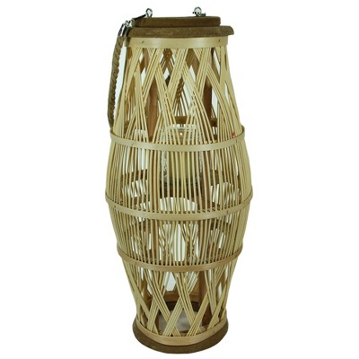 Essential Decor & Beyond 20.5" Tropical Bamboo Hanging Lantern With Glass Candle Holder and Rope Handle Decorative Accent