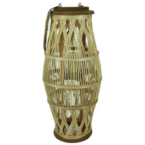 Essential Decor & Beyond 20.5" Tropical Bamboo Hanging Lantern With Glass Candle Holder and Rope Handle Decorative Accent - 1 of 2