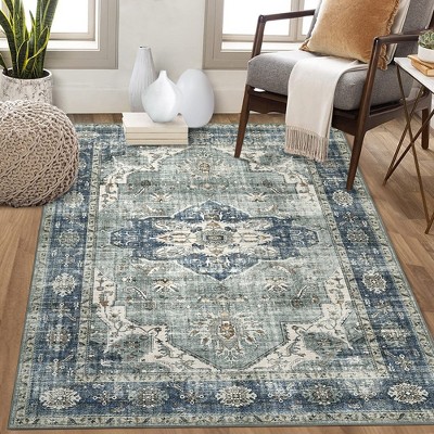 Vintage Washable Area Rug Non Slip Low Pile Rug Floral Print Distressed Carpet