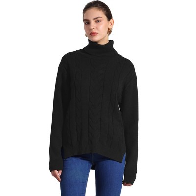 Allegra K Women's High Low Split Long Sleeve Turtleneck Cable Knit Sweater Jumpers