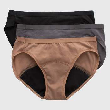 Hanes Women's 3pk Comfort Period and Postpartum Moderate Leak Protection Bikini Underwear - Black/Gray/Brown