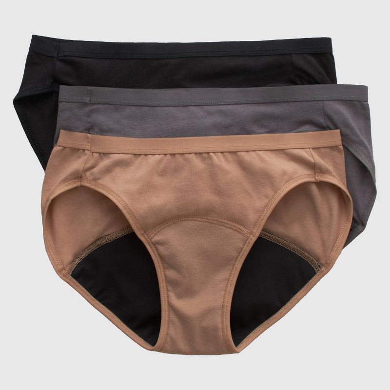 Hanes Women's 3pk Comfort Period and Postpartum Moderate Leak Protection Bikini Underwear - Black/Gray/Brown, 1 of 7