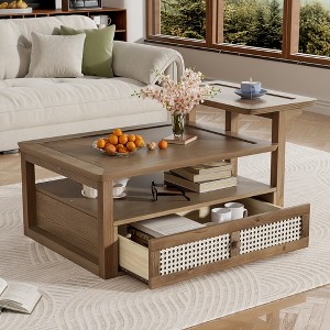 QingMoon Modern Coffee Table, Rectangular Wood Center Table, 2-Tier Nesting Design with Open Shelf and Rattan Drawer for Living Room - 1 of 4