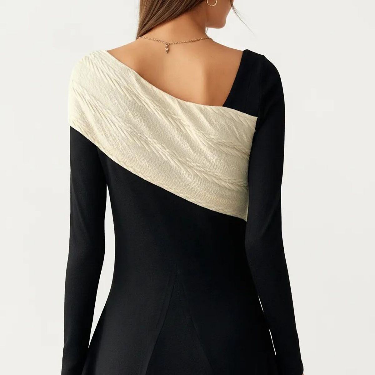 Anna-Kaci Women's Black Midi Dress with Off-Shoulder Knit Detail and Long Sleeves - thumbnail 5