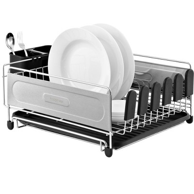 Compact Stainless Steel Dish Rack with Utensil Cup and Wine Glass Holder