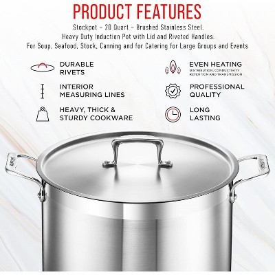 20 Quart Brushed Stainless Steel Stockpot with Lid and Riveted Handles