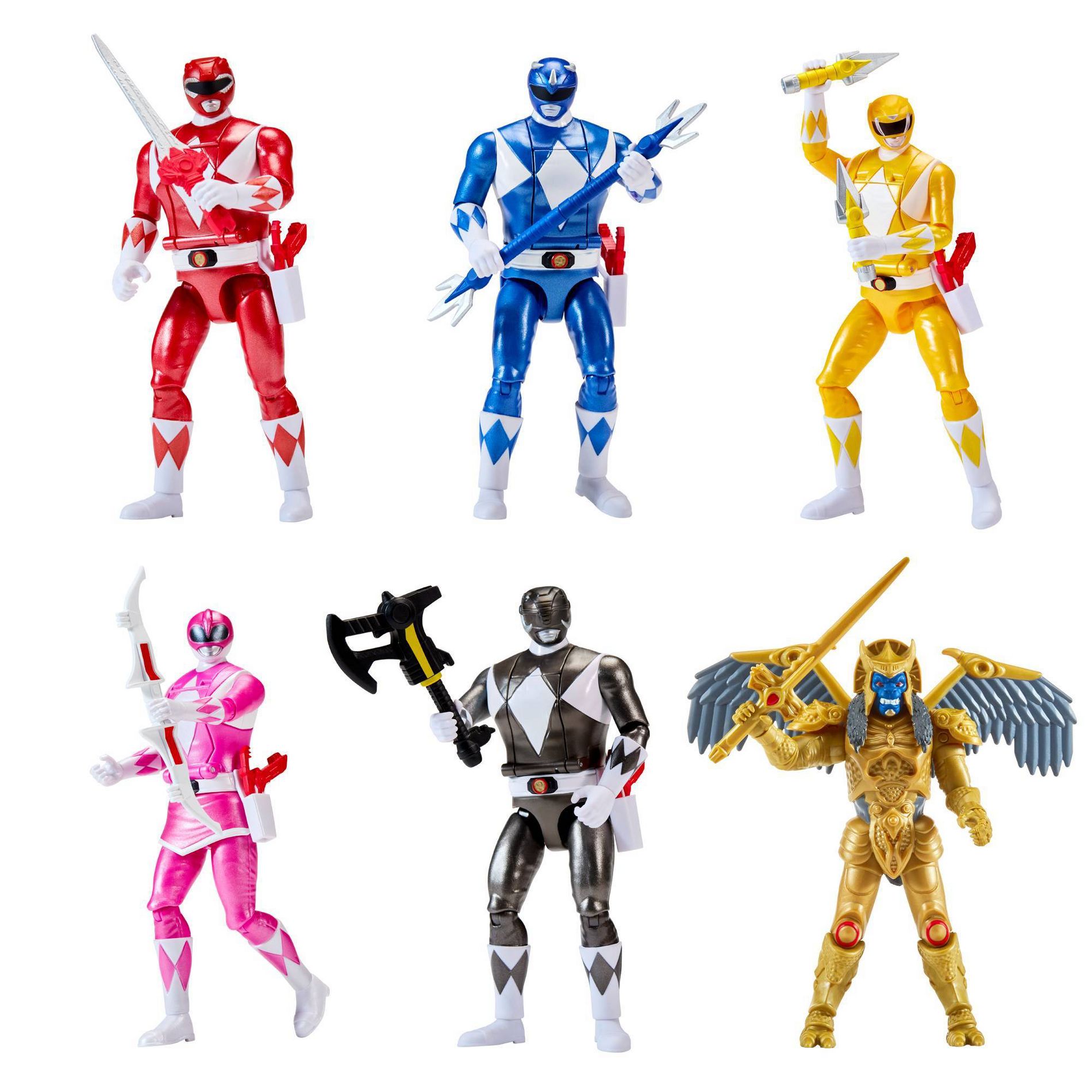Mighty Morphin Power Rangers Re-Ignition Auto-Morphin 6pk Battle Set with Red, Blue, Pink, Yellow, Black Rangers + Exclusive Goldar