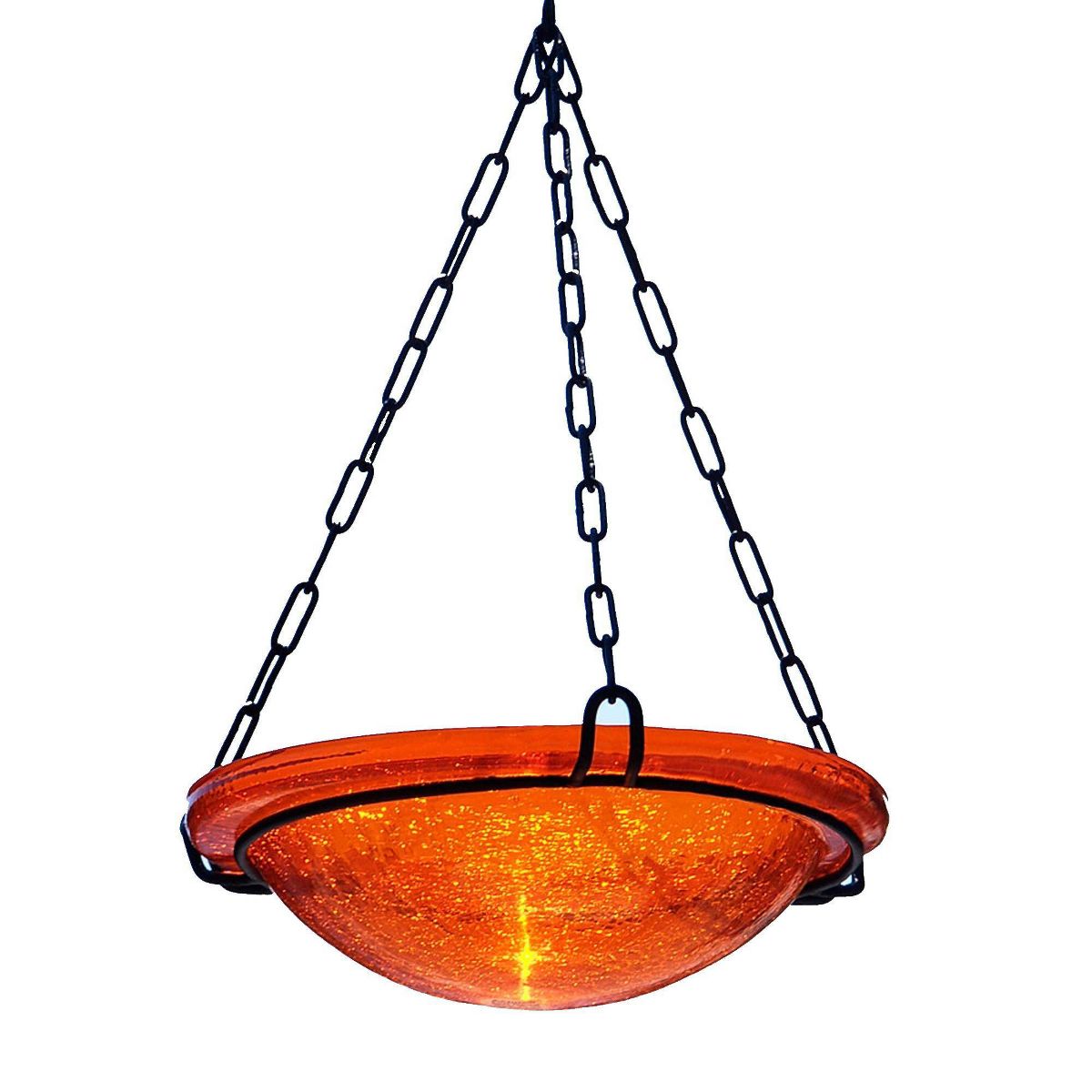 12.5" Crackle Glass Hanging Birdbath Bowl Mandarin Orange - ACHLA Designs: Wrought Iron Garden Decor