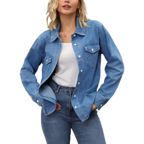 INSPIRE CHIC Women's Jean Long Sleeve Button Down Lightweight Denim Western Shacket with Pockets Blue XX-Large