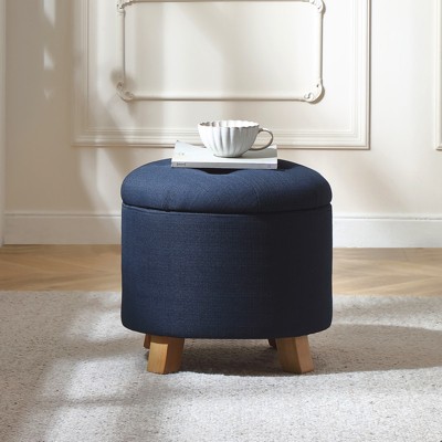 Pinmoco 17.5" Round Tufted Storage Ottoman, Faux Linen Footrest Stool with Removable Lid
