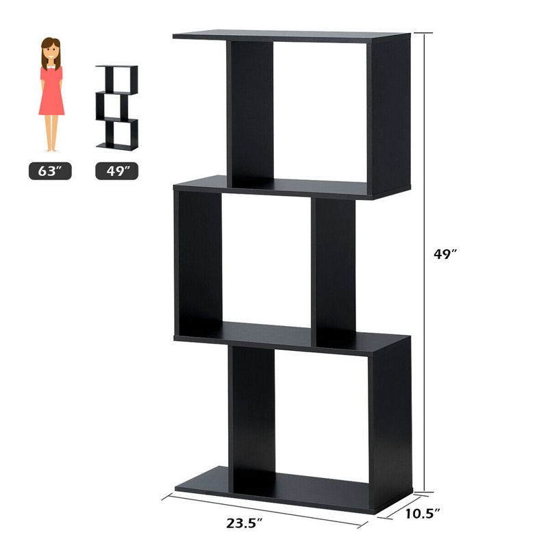 Costway 3-tier S-Shaped Bookcase Free Standing Storage Rack Wooden Display Decor Black, 2 of 11