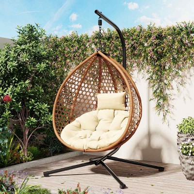 Outdoor Rattan Hammock Swing Chair with Cushion,Wicker Hanging Egg Chair with Stand,Indoor Swing Chair for Balcony Bedroom Garden-Coolbibila