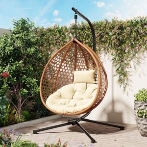 Outdoor Rattan Hammock Swing Chair with Cushion,Wicker Hanging Egg Chair with Stand,Indoor Swing Chair for Balcony Bedroom Garden-Coolbibila - 1 of 4